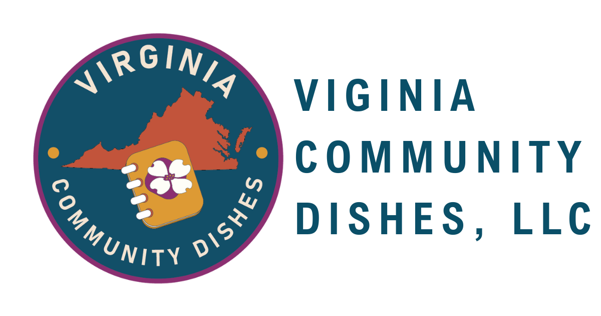 Logo for Virginia Community Dishes, LLC: dark blue circle with VA outline, cookbook with shamrock, text.