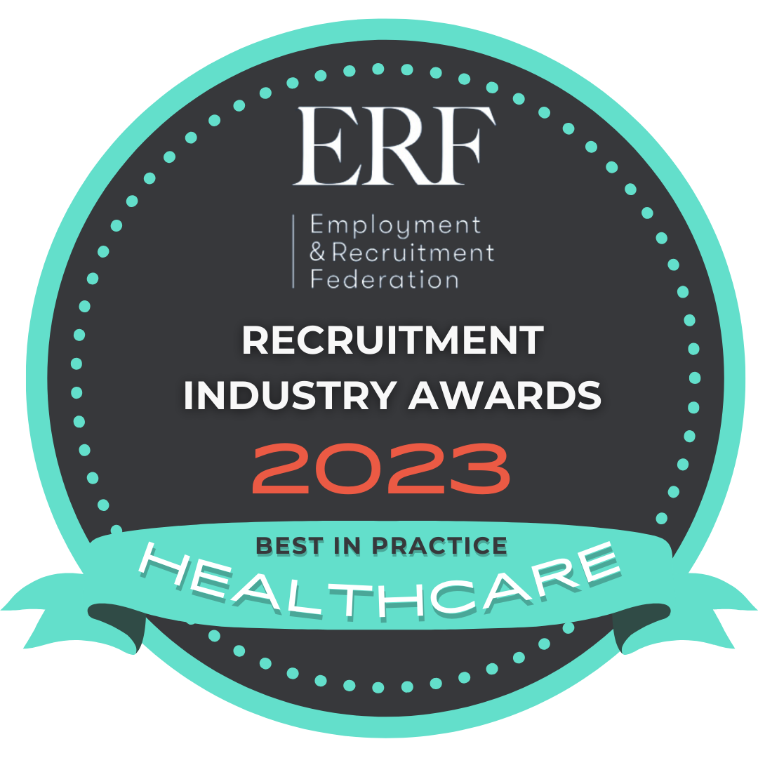 ERF Recruitment Industry Awards 2023, best in practice for Healthcare, teal and black circular logo with ribbon.
