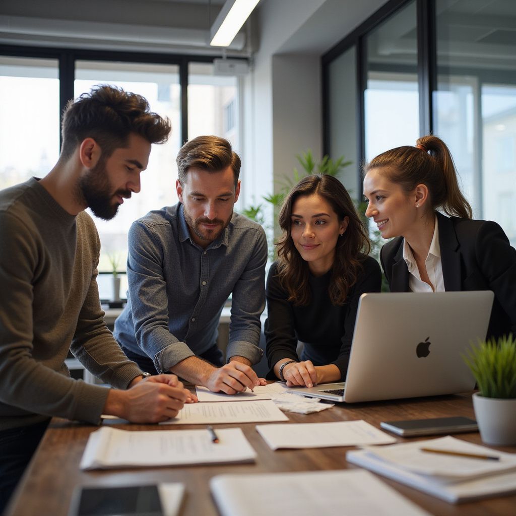 Four colleagues in a meeting, reviewing documents at a table. Woman points at laptop screen.