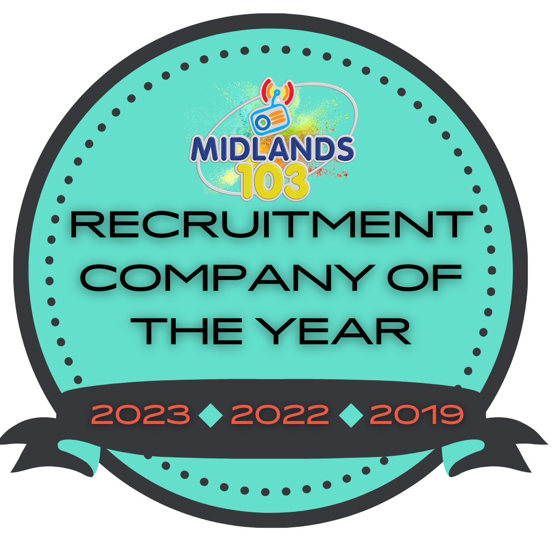 Award badge: Midlands 103, Recruitment Company of the Year. Teal circle, dark banner, dates 2019-2023.
