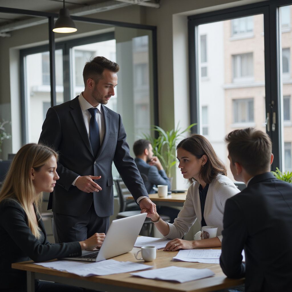 Business meeting in office; man in suit points at laptop while others look on, documents spread out.