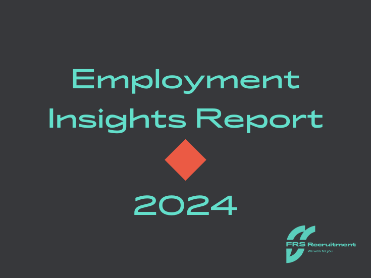 Title slide for FRS Recruitment's Employment Insights Report 2024, teal text on a dark gray background.