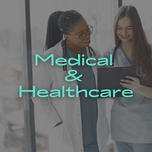 Two medical professionals reviewing paperwork. Turquoise text