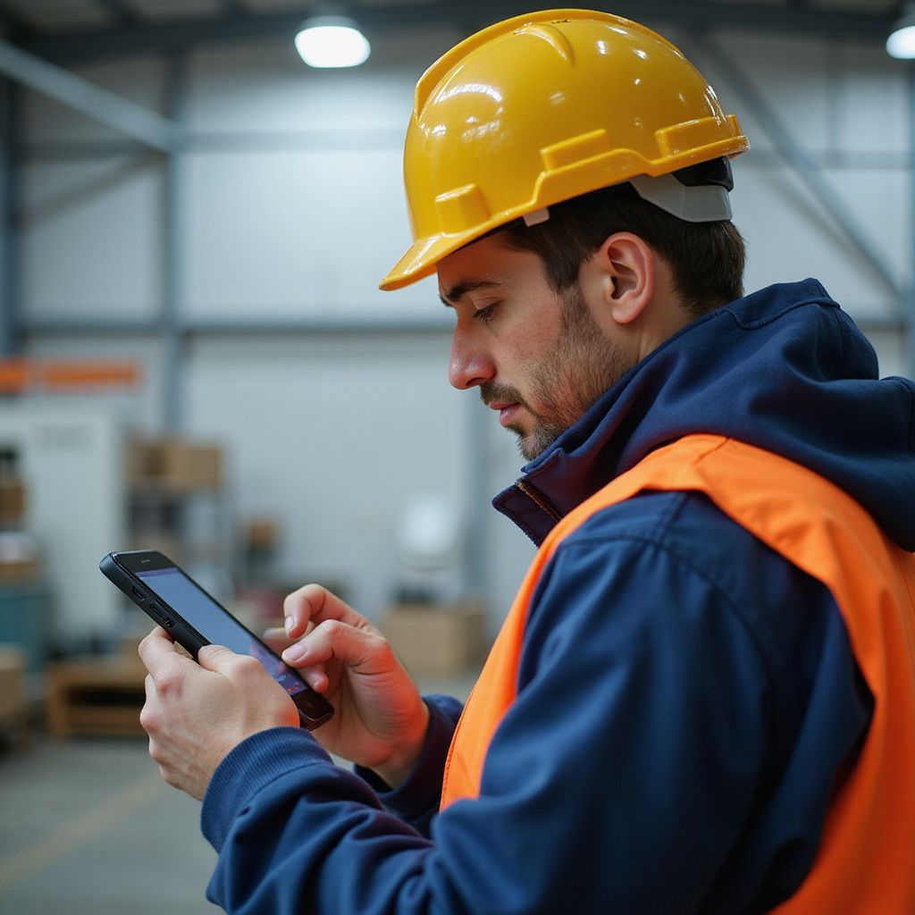 Worker in warehouse wearing hard hat and safety vest, looking at a tablet.
