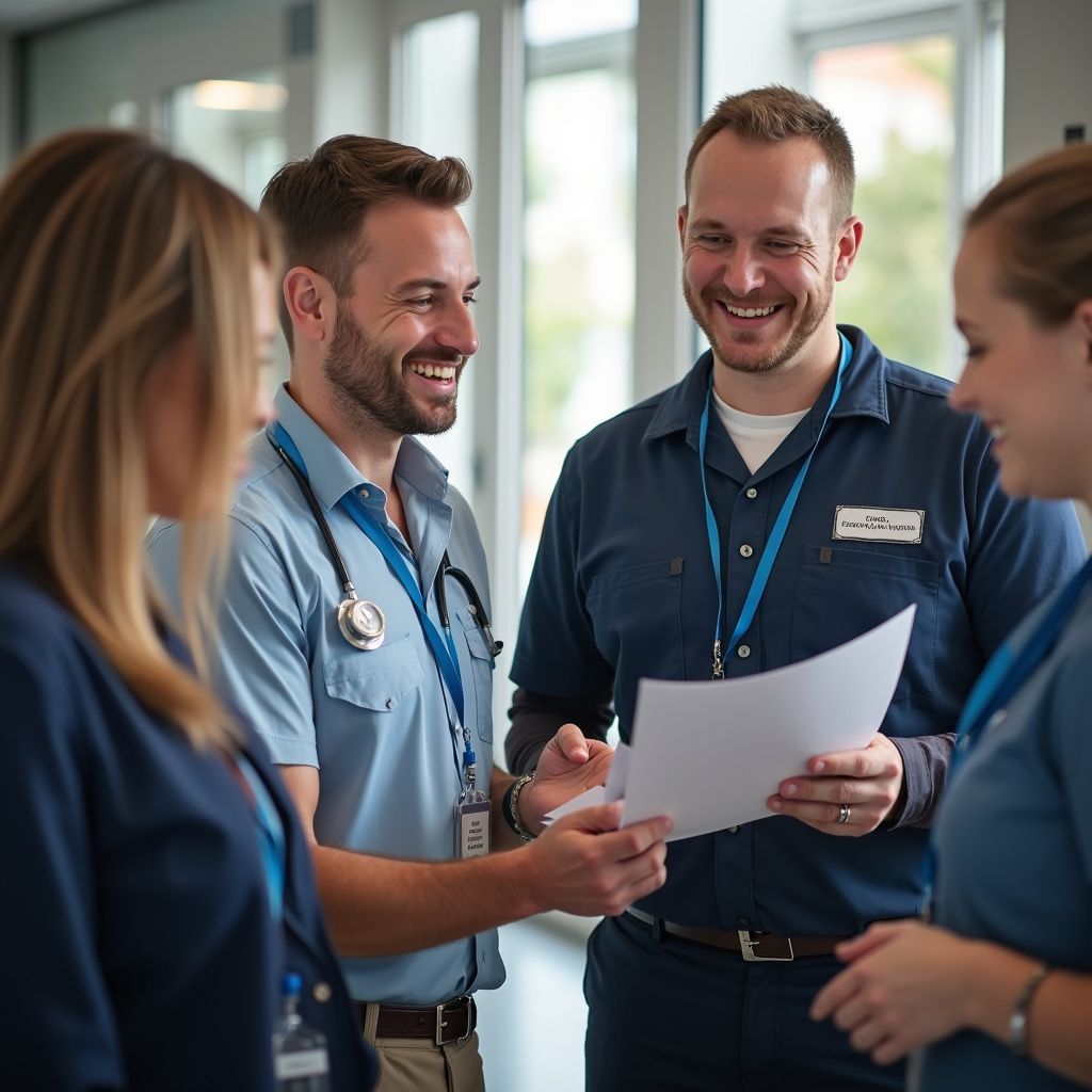 Medical team in blue uniforms smiling and discussing paperwork in a brightly lit hallway.