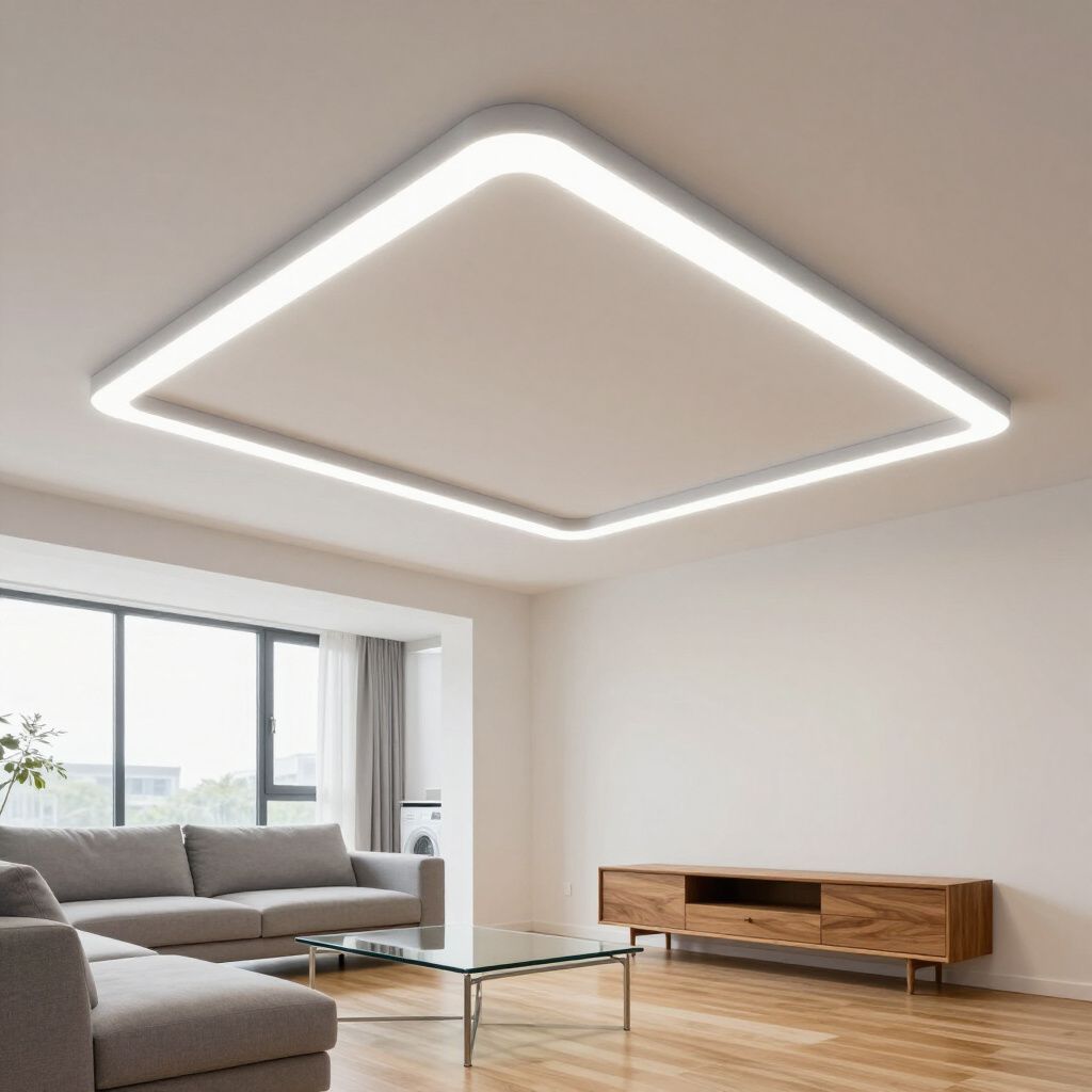 Modern living room with a large square ceiling light, gray sofa, wooden TV stand, and glass coffee table.