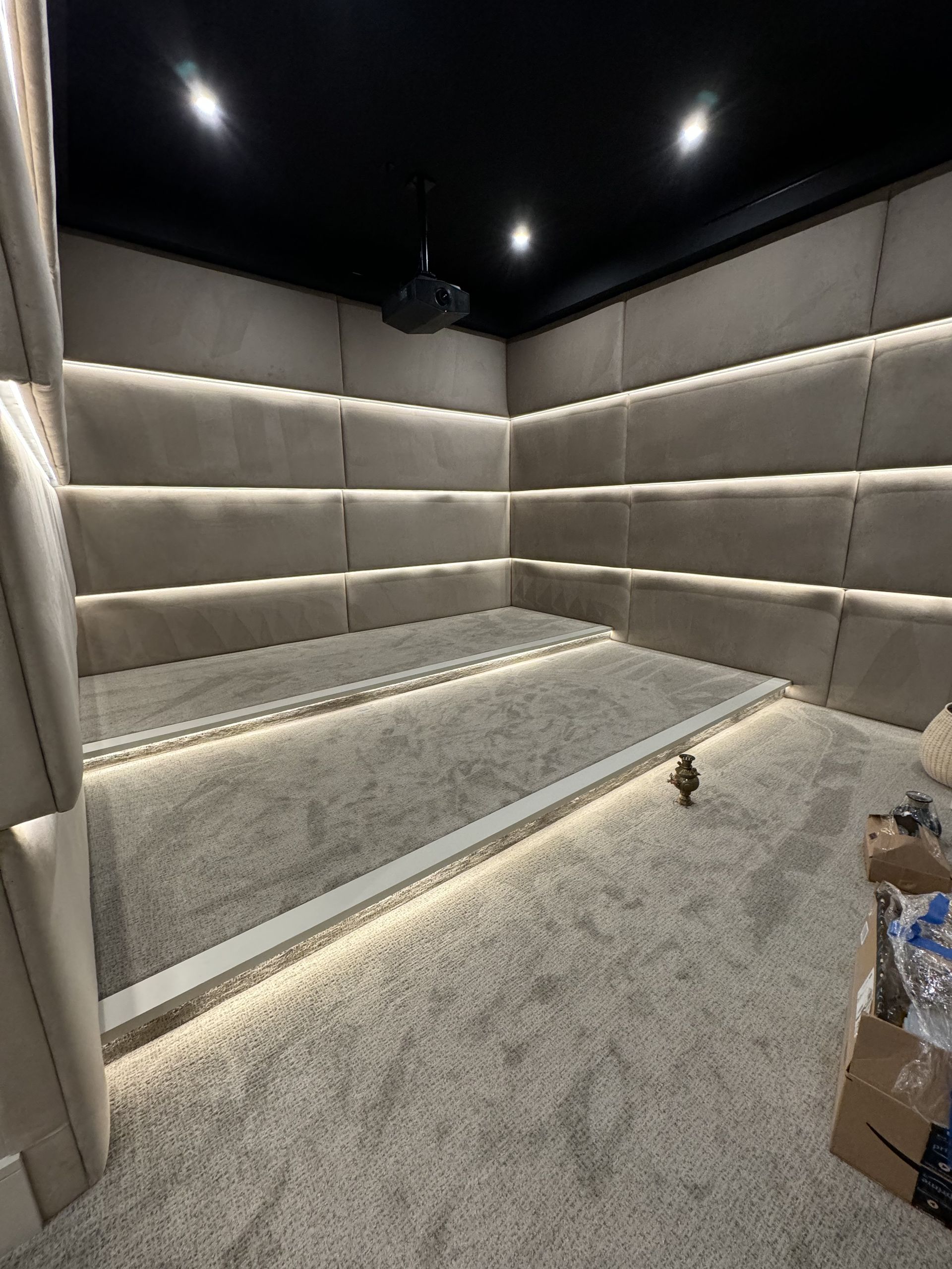 Home theater with padded walls, carpeted floor, built-in lighting, and projector.