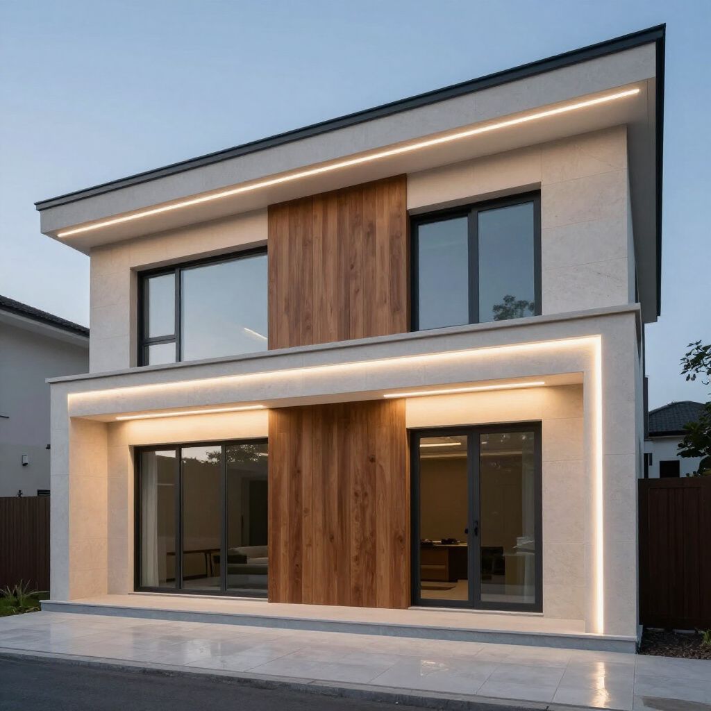 Modern two-story house with wood paneling and large windows, exterior lit by strip lights, dusk setting.