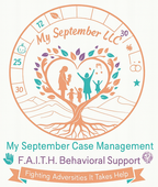 Logo for My September LLC. Heart-shaped tree with figures. Text: 