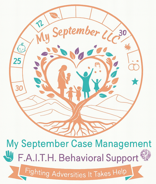 Logo for My September LLC. Heart-shaped tree with figures. Text: 