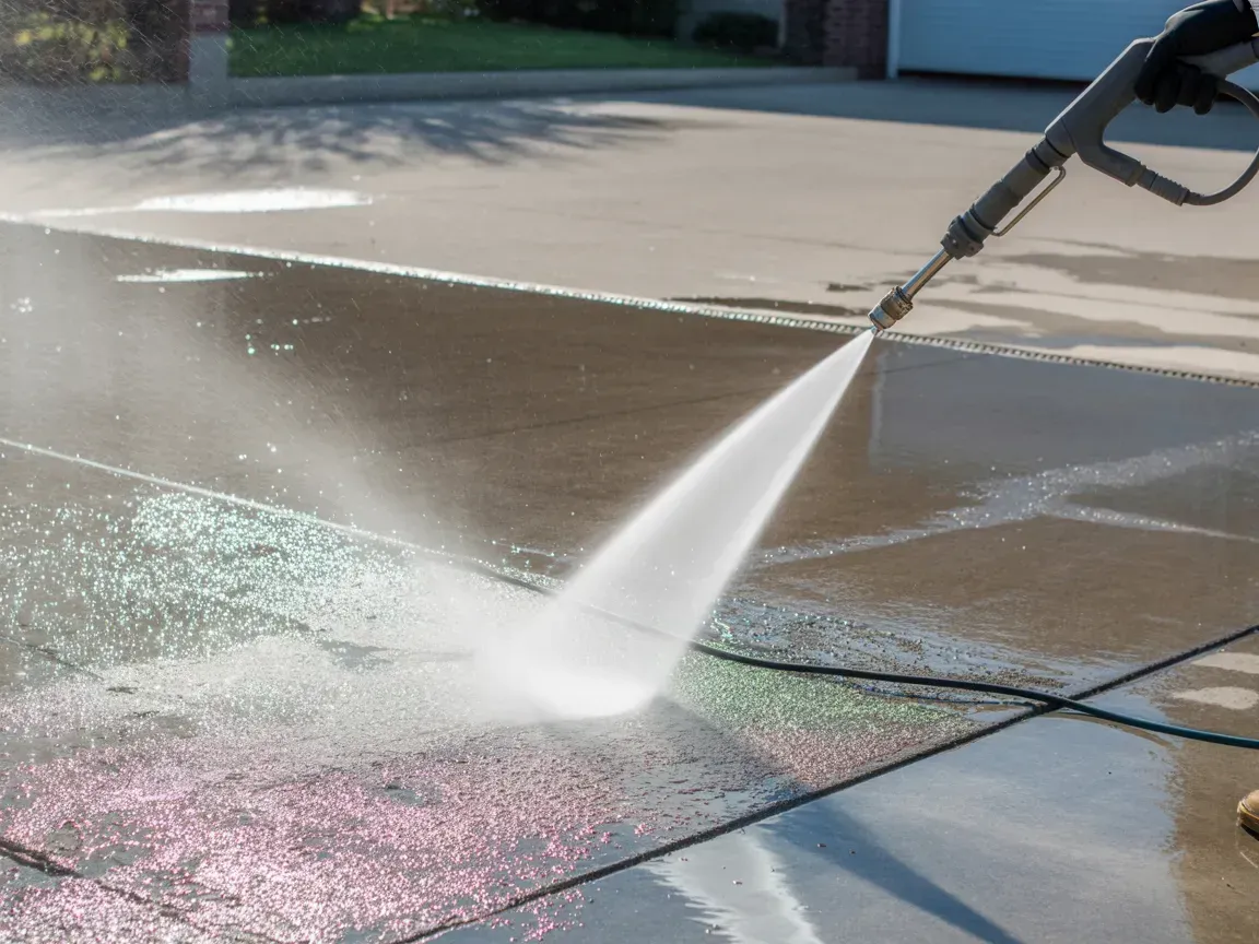 Person pressure-washing a sunlit concrete driveway, spraying water across wet pavement.