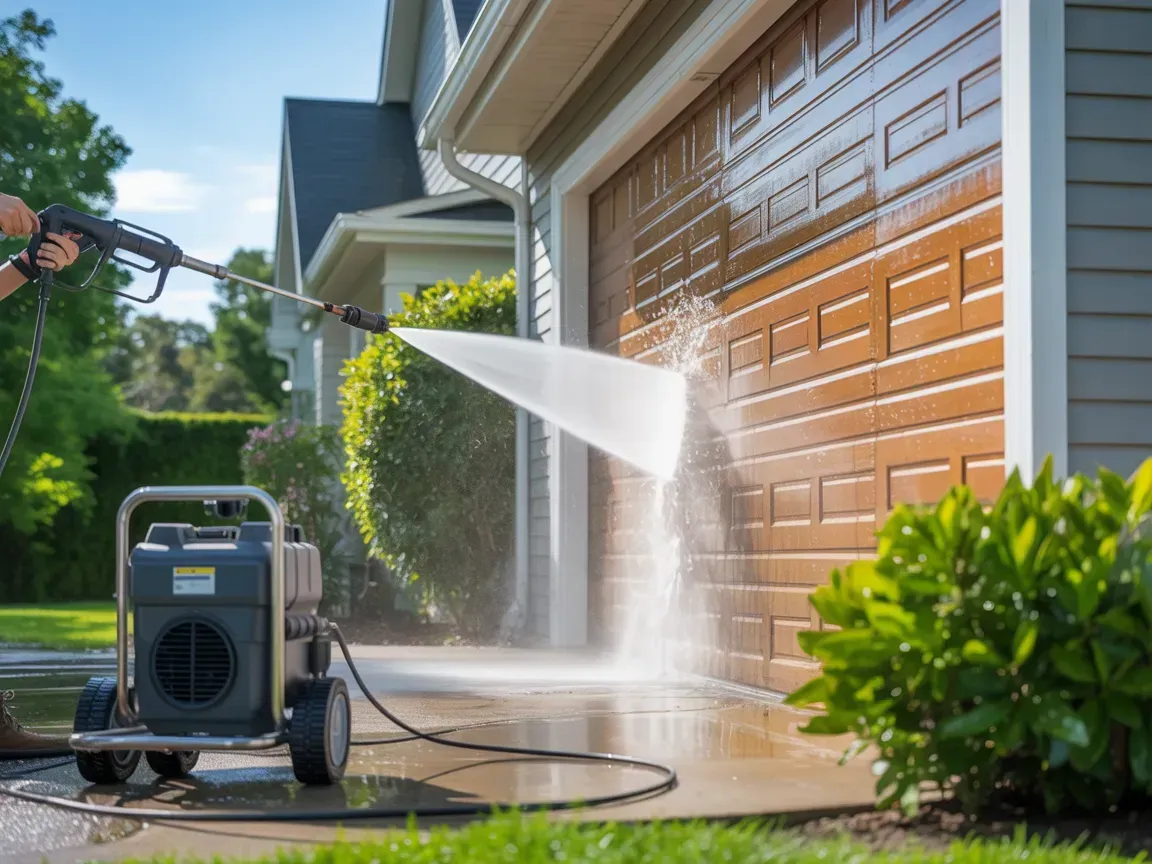 Pressure washer spraying water on a garage door, cleaning a brick driveway at a suburban house.