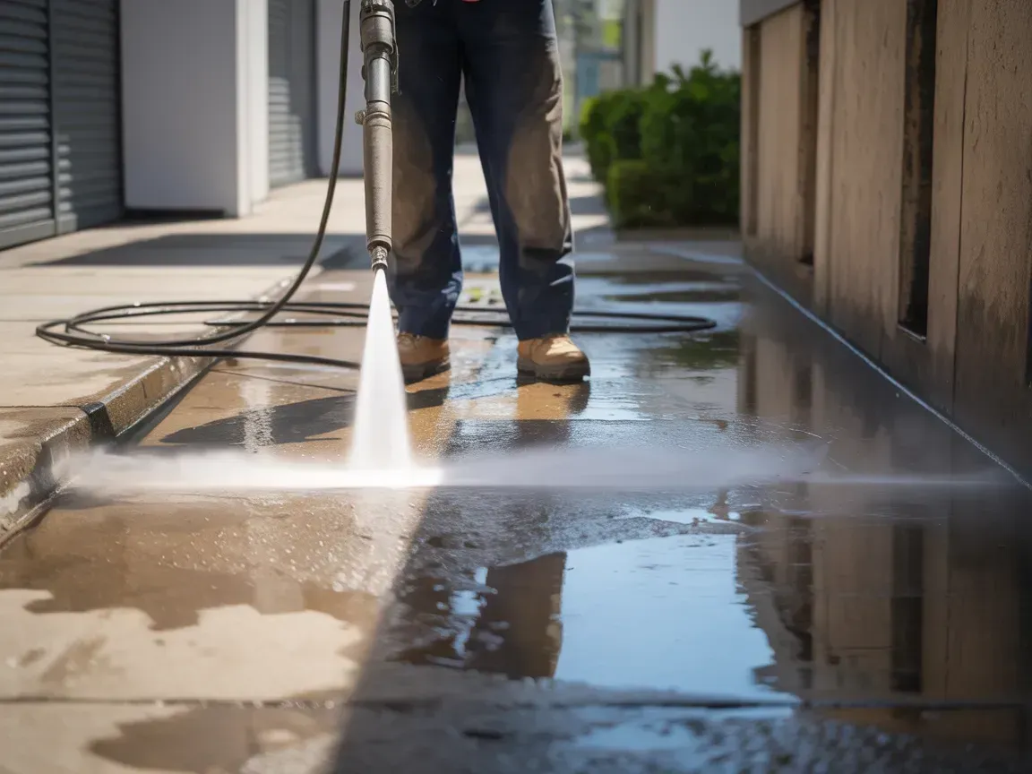 Person pressure-washing a driveway, spraying water across a wet concrete surface beside a house.