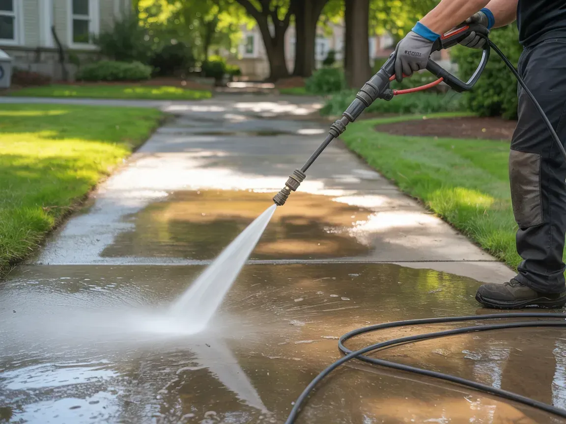 Person pressure-washing a sidewalk with a hose in a sunny suburban yard