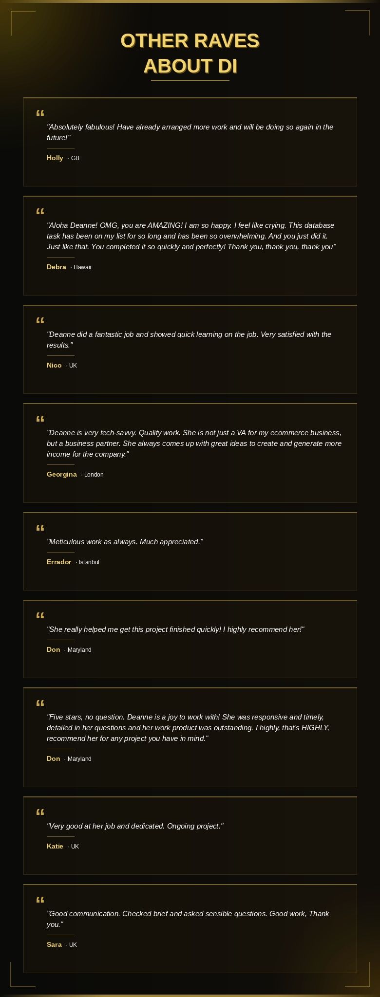 A list of gold-colored bullet points titled 