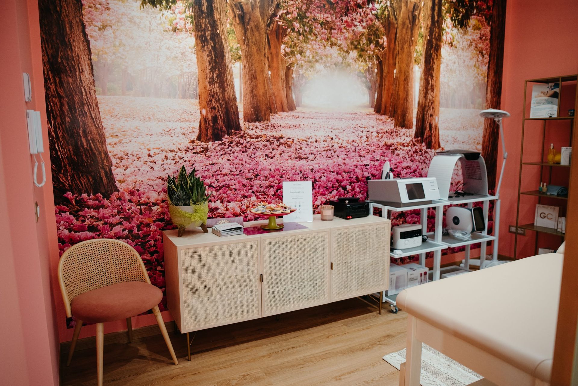 Sala per trattamenti estetici con dettagli rosa, un murale floreale e attrezzature mediche.
