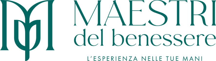 Logo per Maestri del benessere, verde su bianco; simbolo M stilizzato, testo 