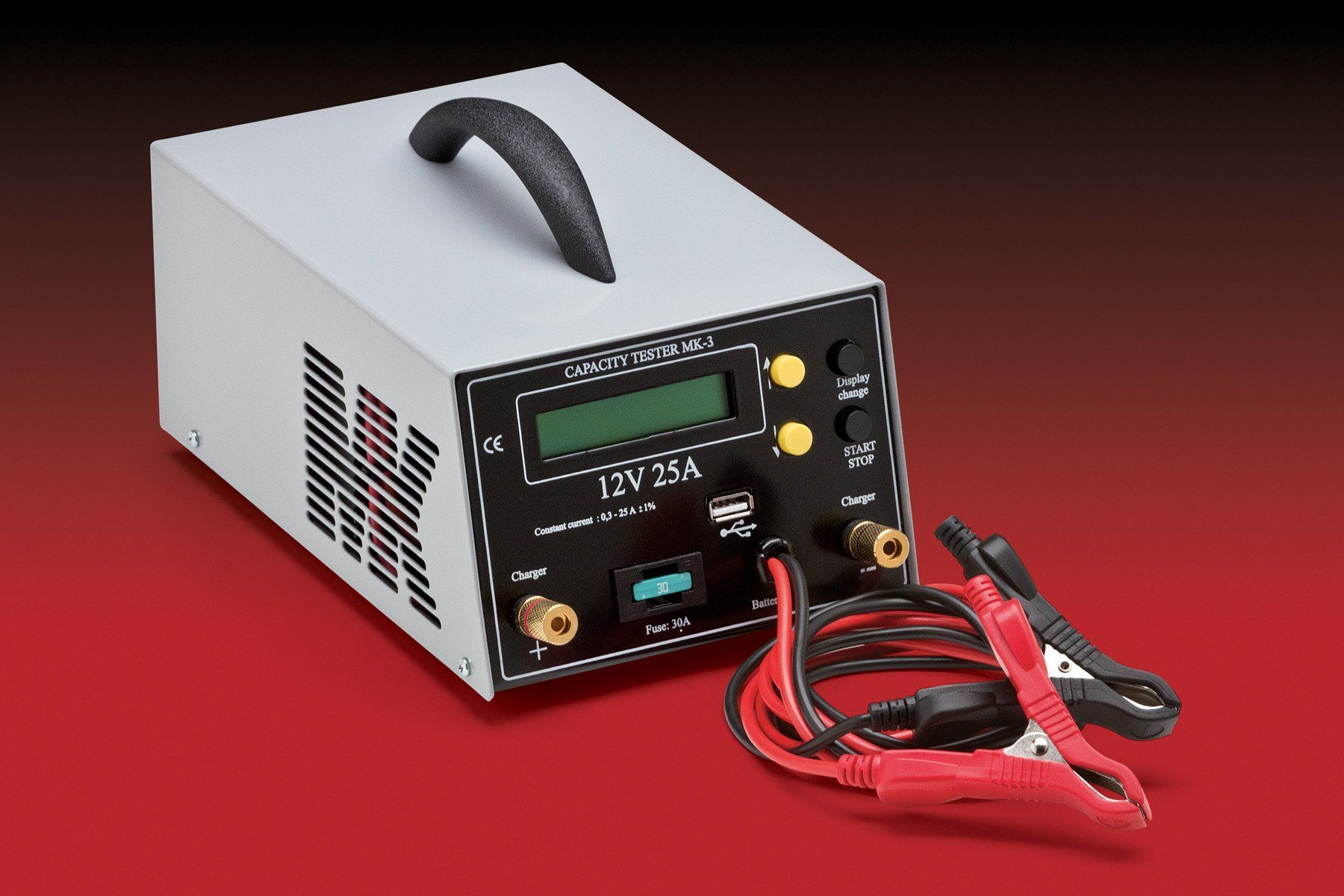 Strident battery capacity tester, used for testing mobility scooter batteries.