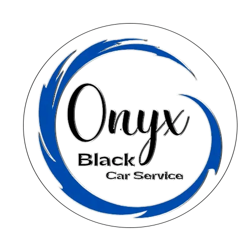 The logo for onyx black car service is a blue circle on a white background.