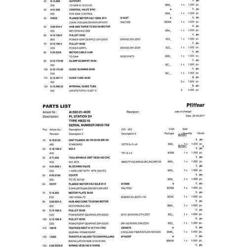 A parts list is shown on a white background