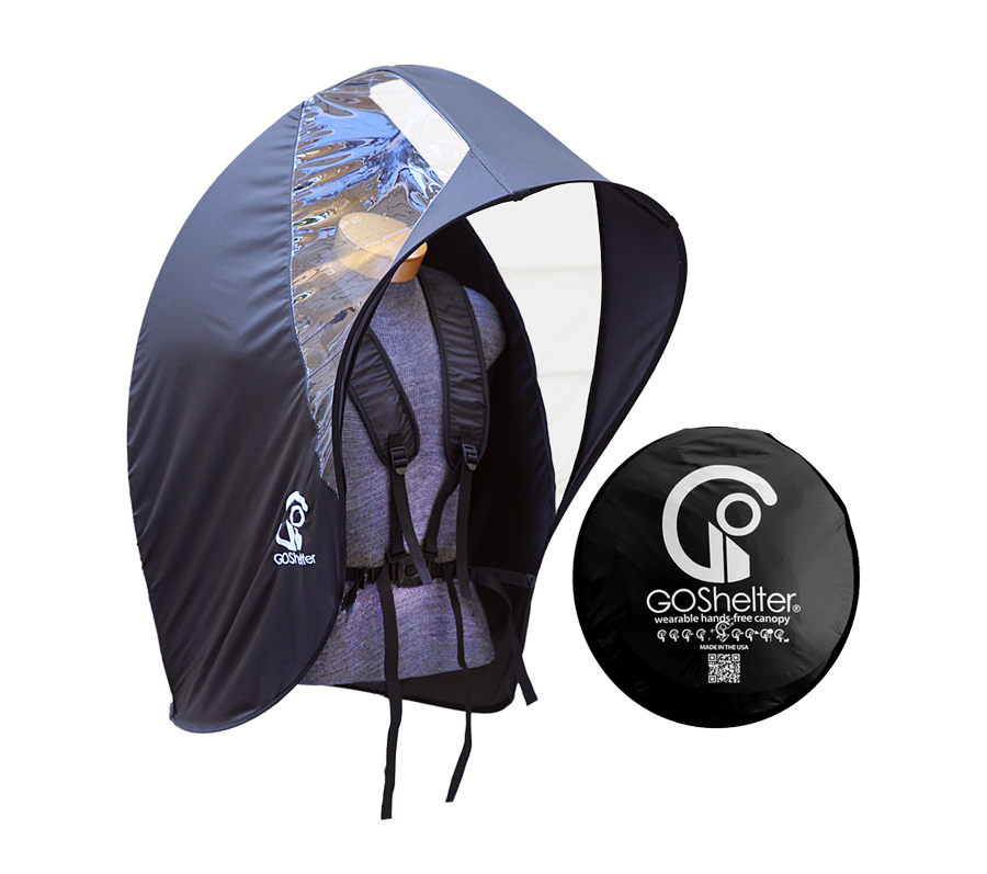 Black GOShelter Wearable Hands-Free Canopy for rain protection and sunshade open and packed version on the right.