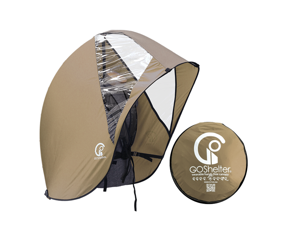Tan  GOShelter Wearable Hands-Free Canopy for rain protection and sunshade and a folded version on white background.