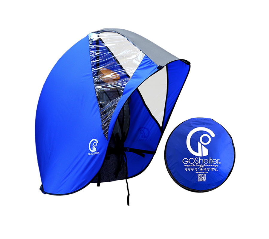 Blue and gray GOShelter Wearable Hands-Free Canopy for rain protection and sunshade open and folded in a carrying case.