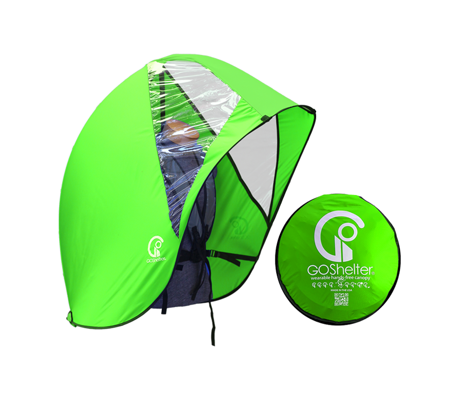 Green  GOShelter Wearable Hands-Free Canopy for rain protection and sunshade: Portable, pop-up shelter with clear window, and carrying case on white background.