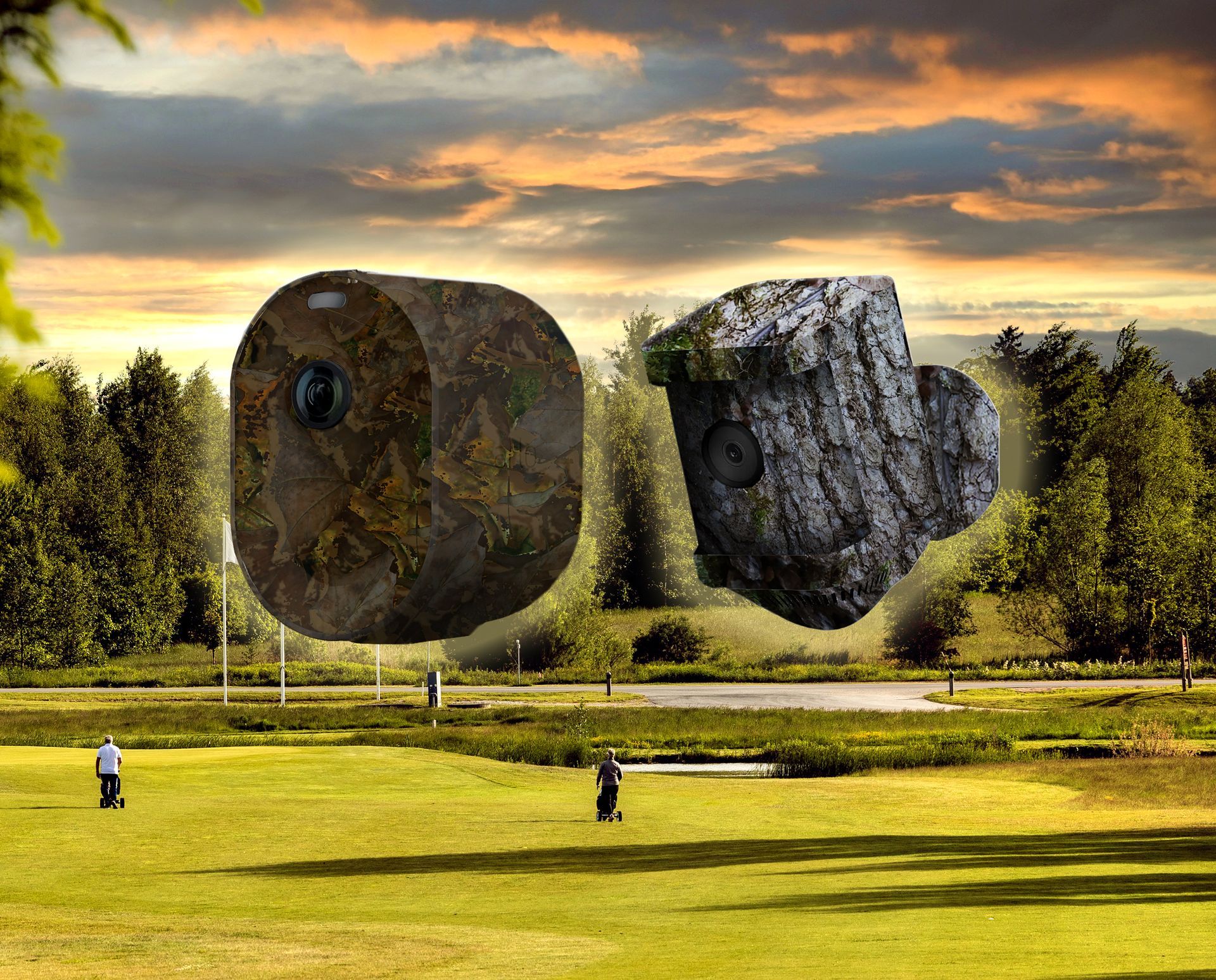 Two camouflaged security cameras floating over a golf course at sunset; golfers in distance.