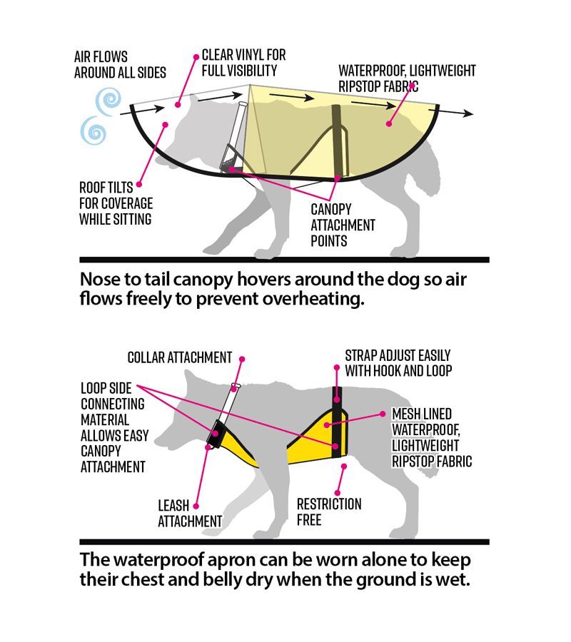 Diagram: Dog wearing a waterproof apron and canopy for sun and rain protection, with details on airflow and attachments.