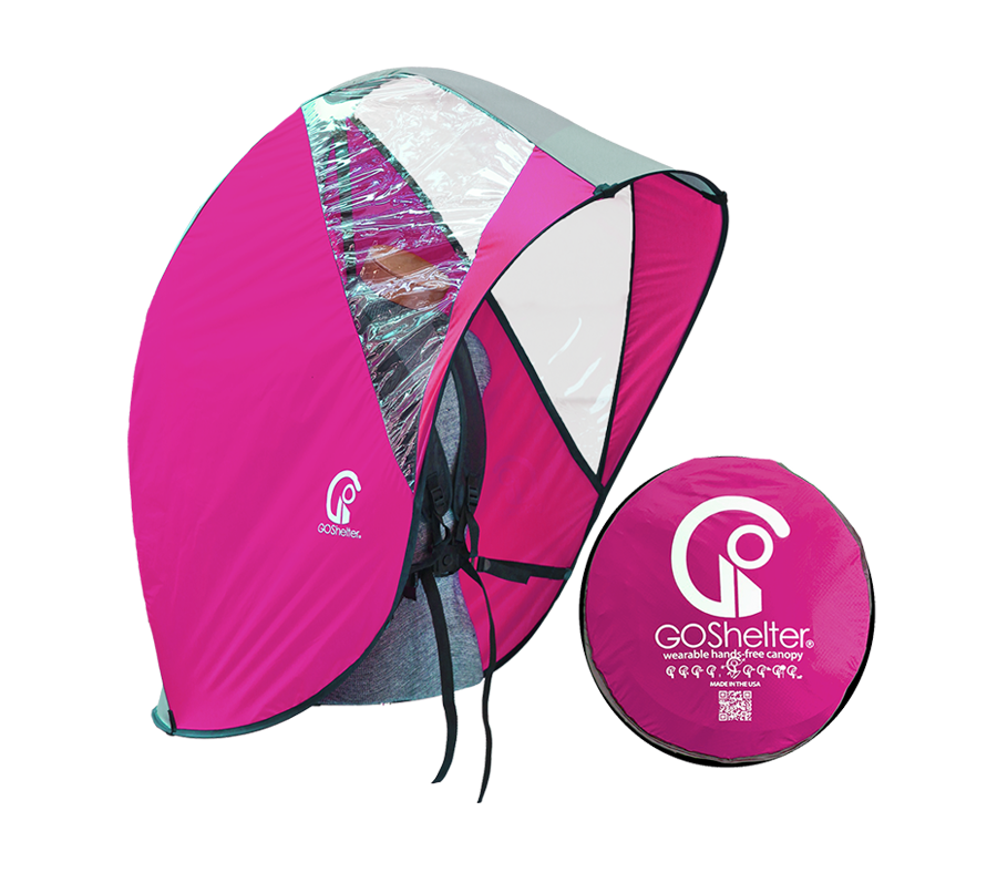 Fuschia GOShelter Wearable Hands-Free Canopy for rain protection and sunshade, unfolded and folded, with a clear window.