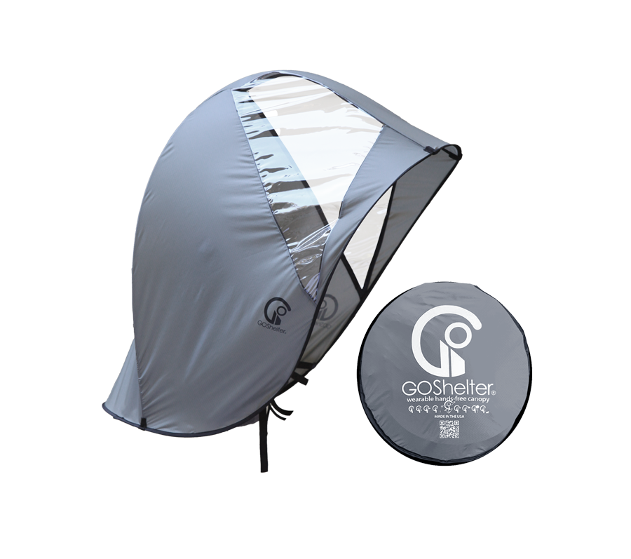 Gray GOShelter Wearable Hands-Free Canopy for rain protection and sunshade, set up, with a smaller, folded circle version to the side.