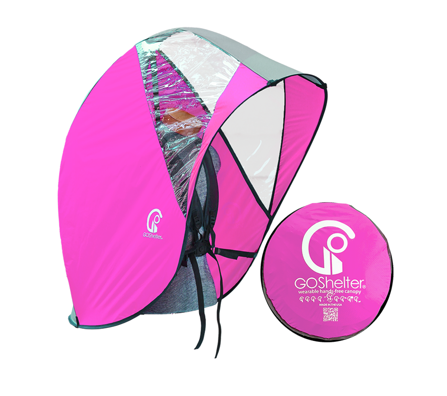 Hot pink and grey  GOShelter Wearable Hands-Free Canopy for rain protection and sunshade, open and folded, with white logo on both.