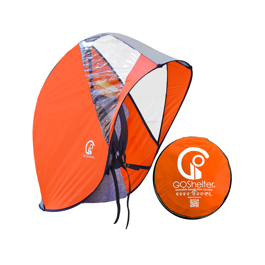 Orange GOShelter Wearable Hands-Free Canopy for rain protection and sunshade, open and collapsed. Shows a person's head, torso shelter, with a clear window. Next to a folded circle.