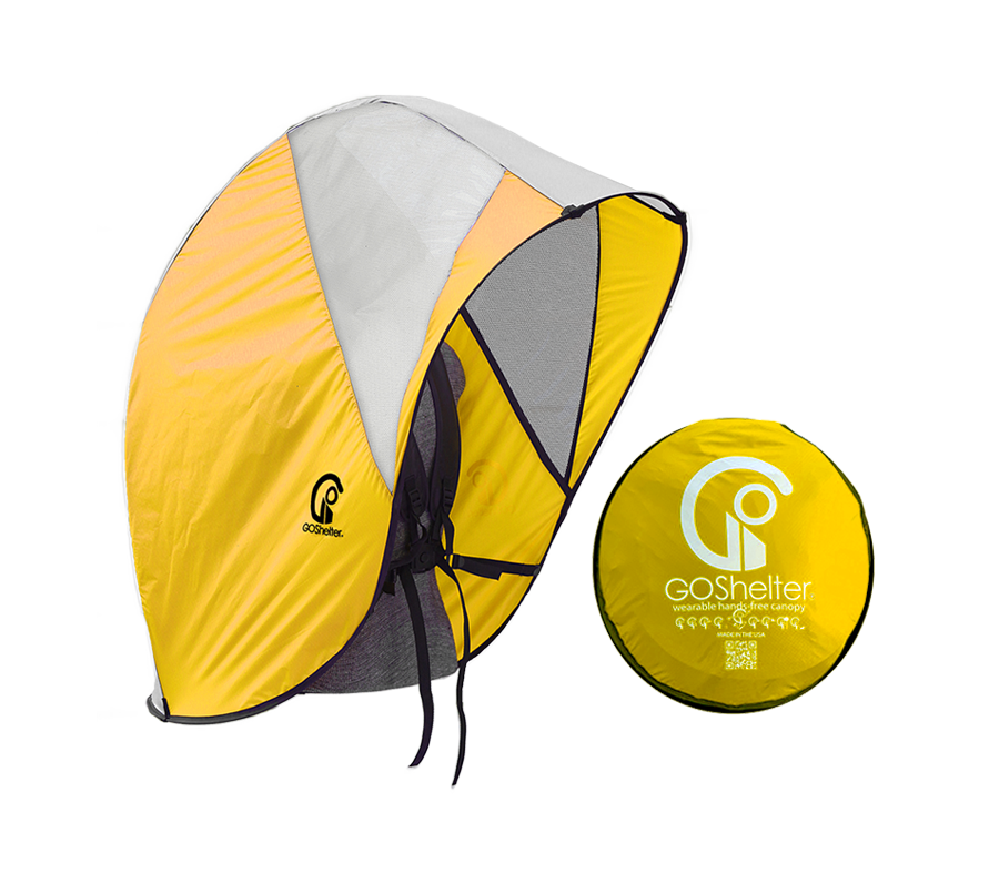 Yellow  GOShelter Shade Wearable Hands-Free Canopy for rain protection and sunshade with sunscreen privacy film open and collapsed, with logo.