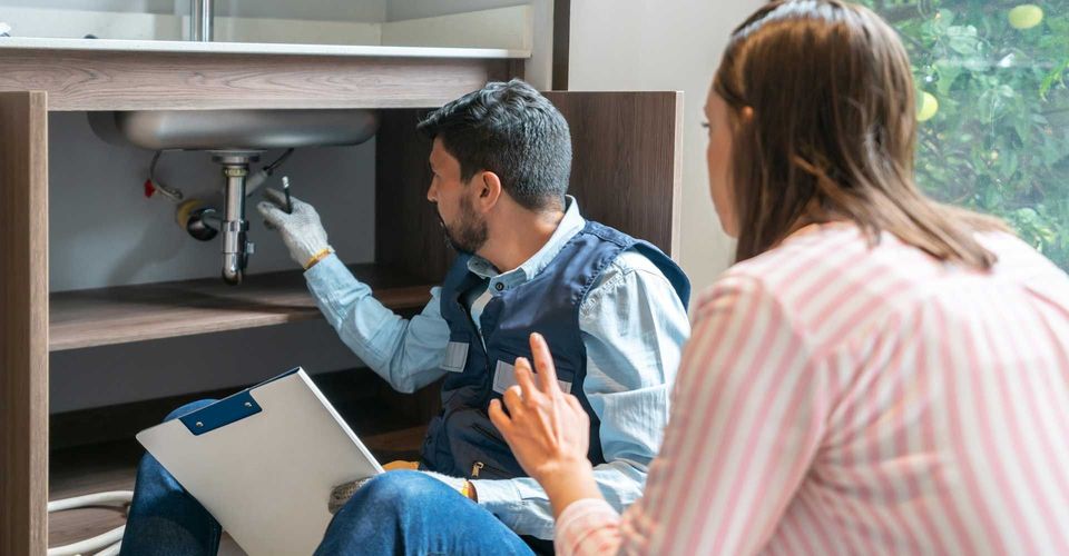 Plumber fixing a sink with a woman observing; indoor setting.