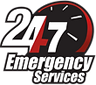 24/7 Emergency Services logo with a clock design; white numbers, red and black colors.