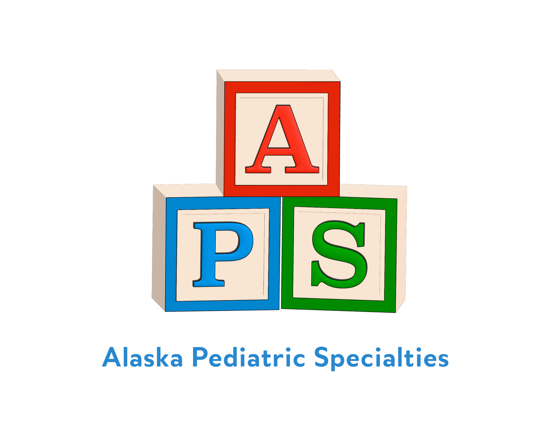 Logo for Alaska Pediatric Specialties: stacked alphabet blocks (A, P, S) in red, blue, green; text 