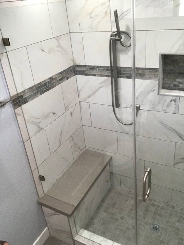 Bathroom Design — Bathroom with Clear Glass Door  in La Habra, CA