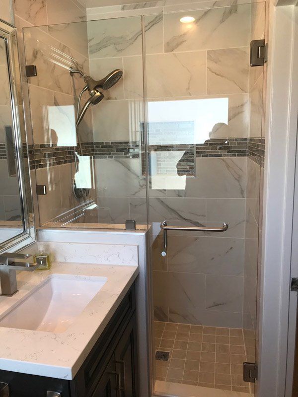 Bathroom Design — Bathroom with Clear Glass Door and Shower in La Habra, CA