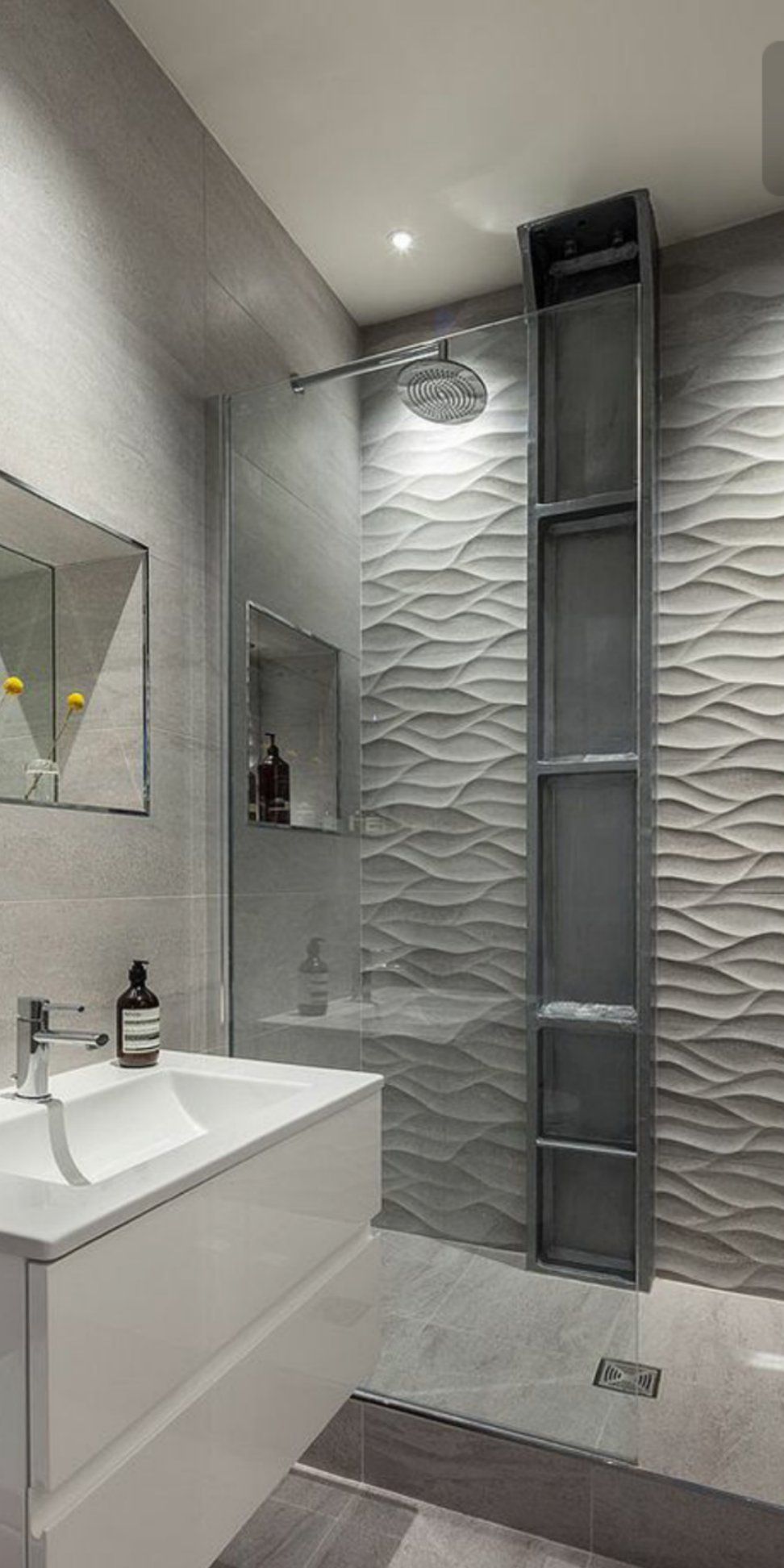 Modern Bathroom — White Pattern Wall in Bathroom in La Habra, CA