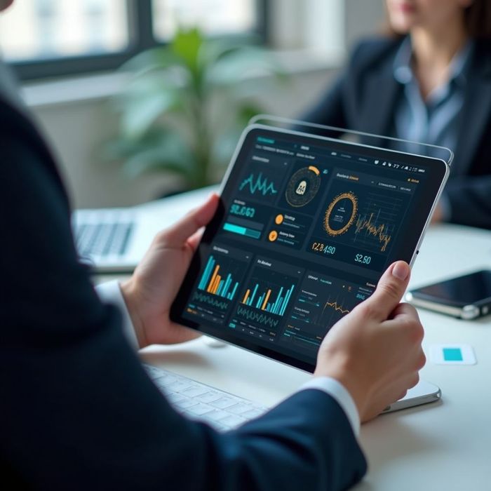 Person in suit holding a tablet displaying financial data; office setting with a laptop and another person in the background.