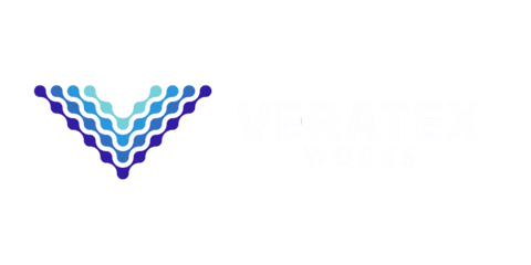 Logo: Abstract V-shape with blue and teal wave pattern and white text.