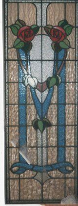 vertical leadlight with roses and blue lines