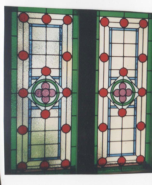 leadlight window with red polka dots