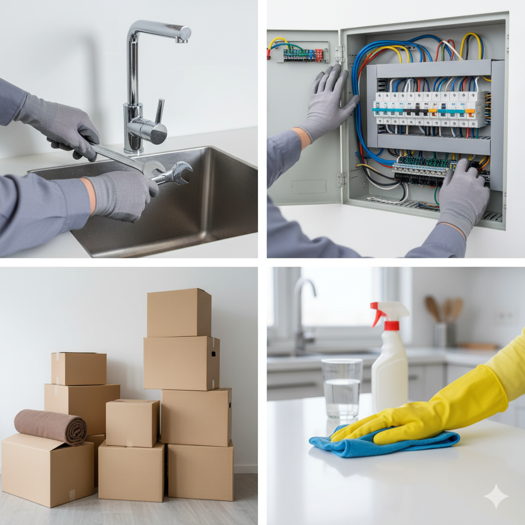 Services: plumbing, electrical work, moving boxes, and cleaning a counter.