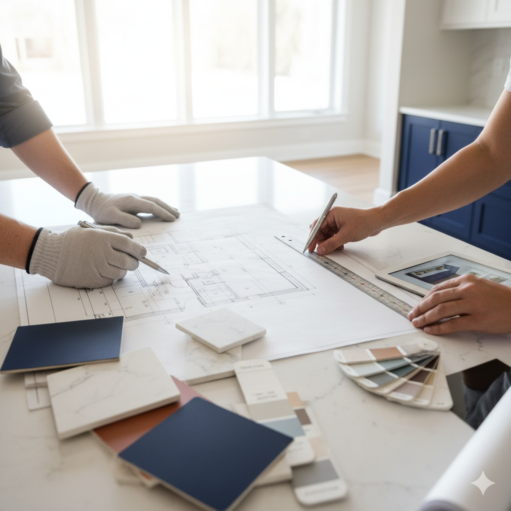 Two people collaborating on blueprints with samples on a white countertop in a kitchen.