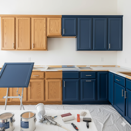 Kitchen cabinets being painted navy blue; half stained wood, half painted. Paint cans, tools visible.