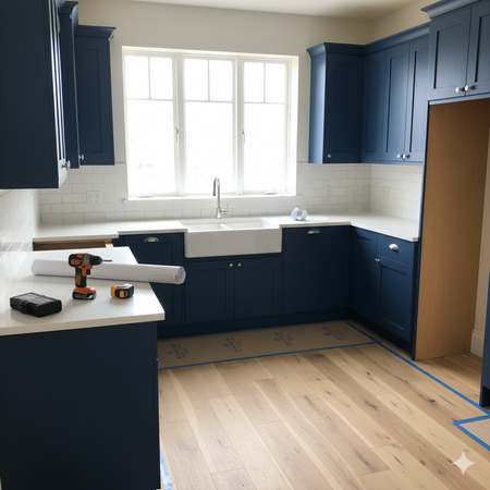 Blue kitchen cabinets, white countertops, farmhouse sink, and light wood floors.