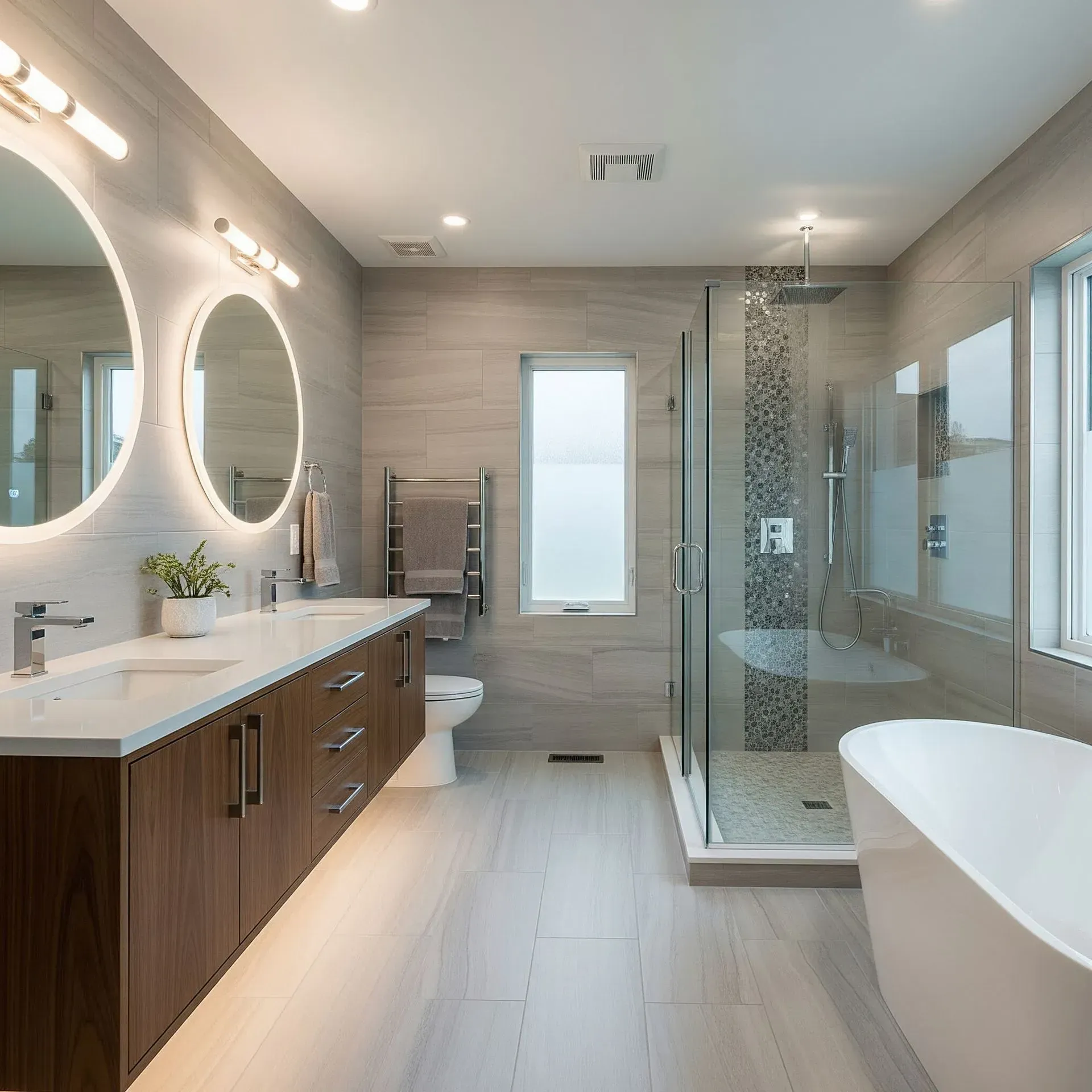 Modern bathroom with double vanity, walk-in shower, and freestanding tub. Neutral tones, wood cabinetry, and large mirrors.